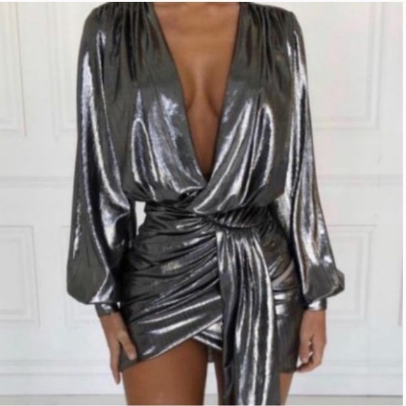 House of CB ALVONA METALLIC SILVER DRAPE MINI DRESS - Picture 2 of 16